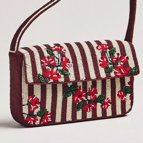 NWT Anthropologie The Fiona Beaded Bag - Maroon Stripe